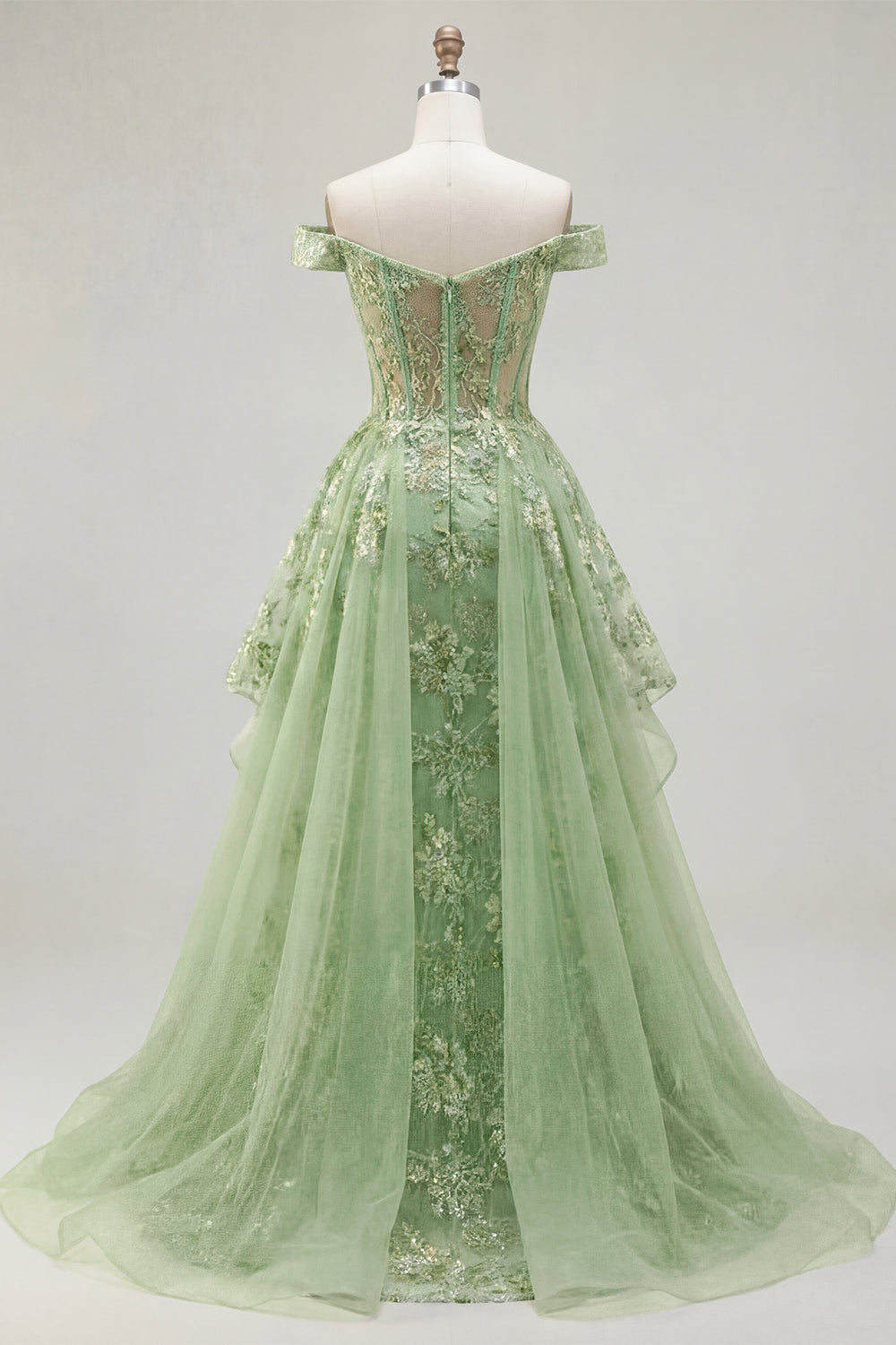 Ruffled Green Long Corset A Line Floral Prom Dress with Cape