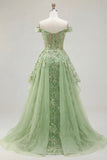 Ruffled Green Long Corset A Line Floral Prom Dress with Cape