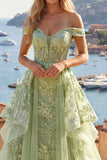 Ruffled Green Long Corset A Line Floral Prom Dress with Cape
