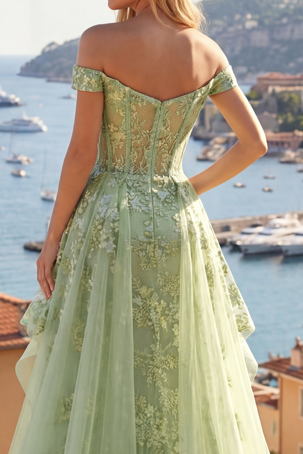 Ruffled Green Long Corset A Line Floral Prom Dress with Cape
