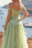 Ruffled Green Long Corset A Line Floral Prom Dress with Cape