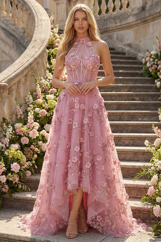 Sparkly Taro Corset Keyhole A Line High Neck Floral Beaded Prom Dress