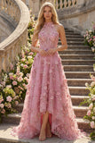 Sparkly Taro Corset Keyhole A Line High Neck Floral Beaded Prom Dress