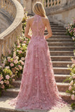 Sparkly Taro Corset Keyhole A Line High Neck Floral Beaded Prom Dress