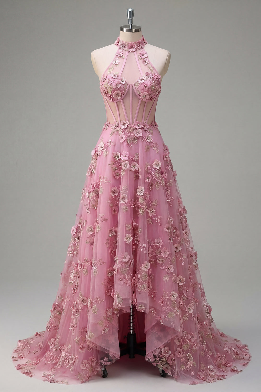 Sparkly Taro Corset Keyhole A Line High Neck Floral Beaded Prom Dress