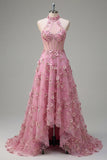 Sparkly Taro Corset Keyhole A Line High Neck Floral Beaded Prom Dress