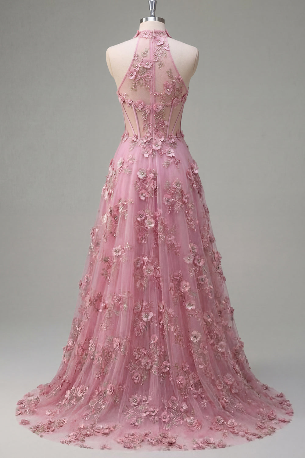Sparkly Taro Corset Keyhole A Line High Neck Floral Beaded Prom Dress