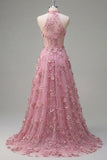 Sparkly Taro Corset Keyhole A Line High Neck Floral Beaded Prom Dress