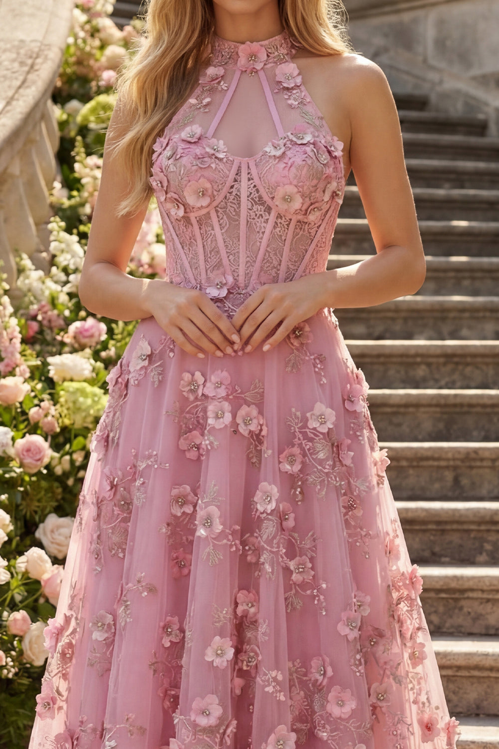 Sparkly Taro Corset Keyhole A Line High Neck Floral Beaded Prom Dress