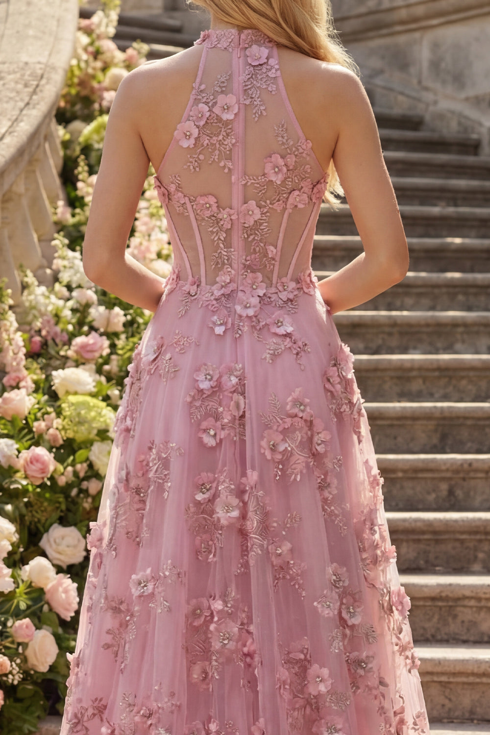 Sparkly Taro Corset Keyhole A Line High Neck Floral Beaded Prom Dress