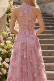 Sparkly Taro Corset Keyhole A Line High Neck Floral Beaded Prom Dress