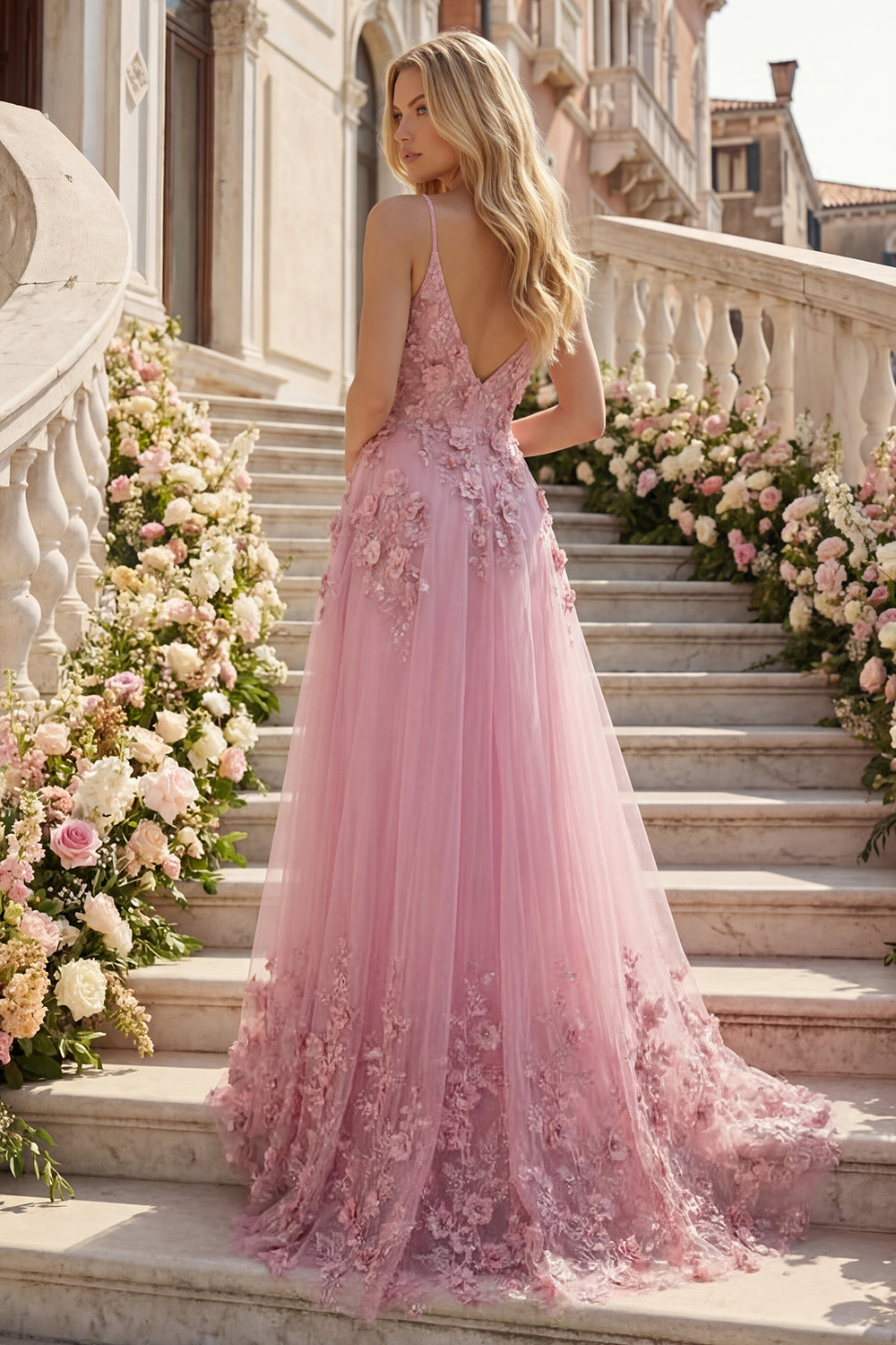 Spaghetti Straps Sparkly Taro A Line Floral Beaded Prom Dress