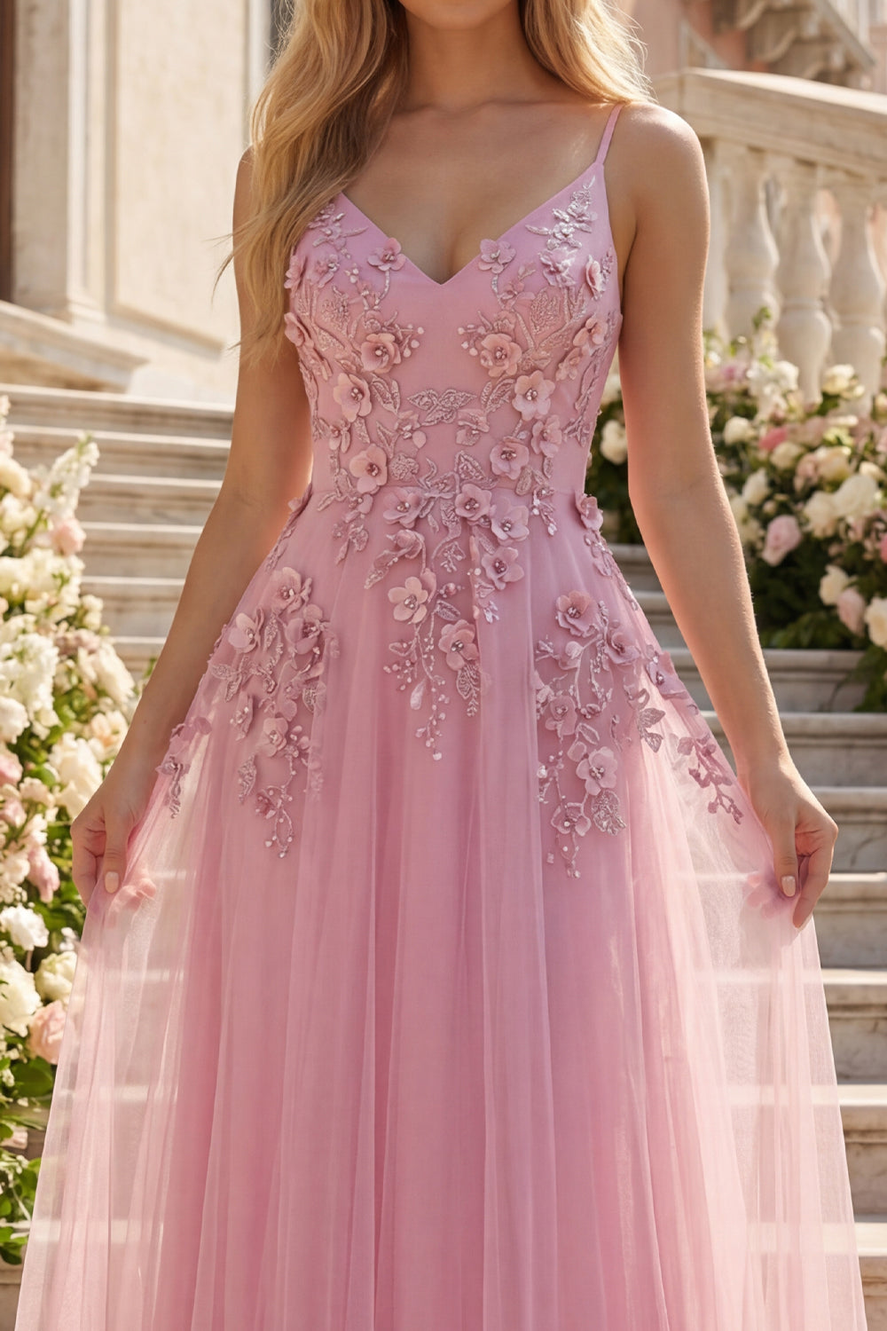 Spaghetti Straps Sparkly Taro A Line Floral Beaded Prom Dress
