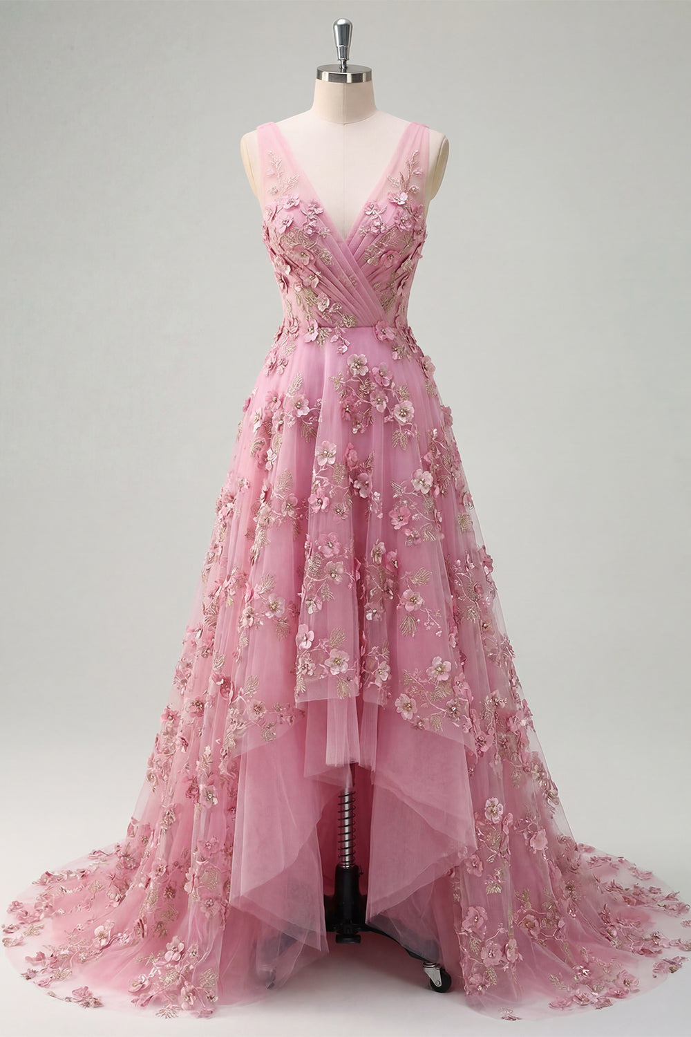 V-Neck Ruched Sparkly Taro A Line High Low Floral Beaded Prom Dress