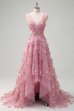 V-Neck Ruched Sparkly Taro A Line High Low Floral Beaded Prom Dress