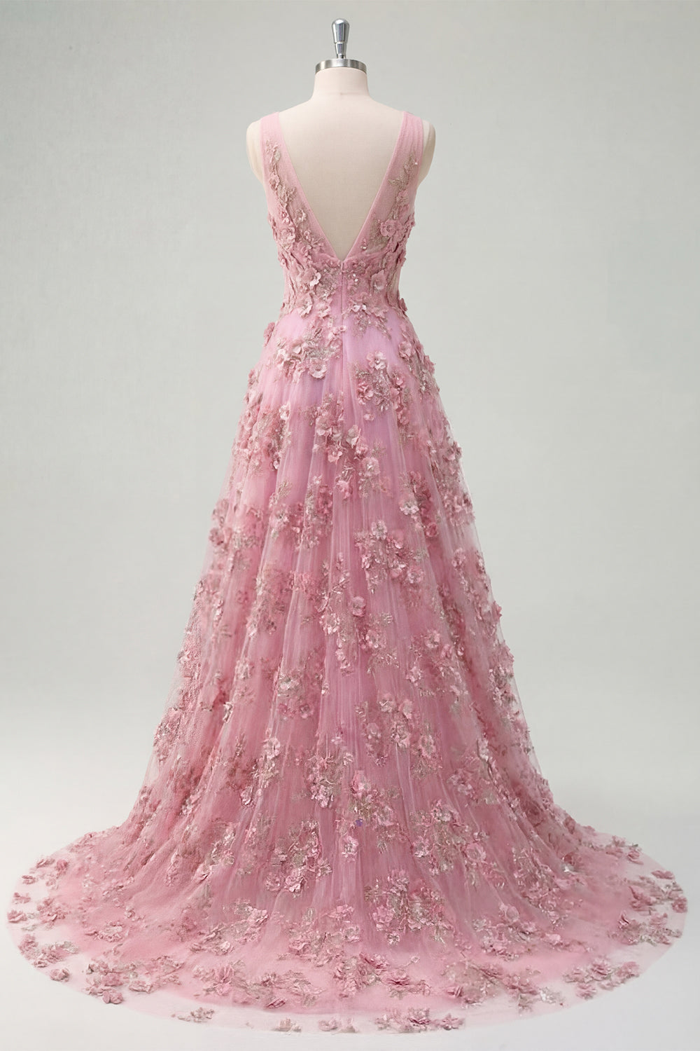 V-Neck Ruched Sparkly Taro A Line High Low Floral Beaded Prom Dress