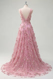 V-Neck Ruched Sparkly Taro A Line High Low Floral Beaded Prom Dress