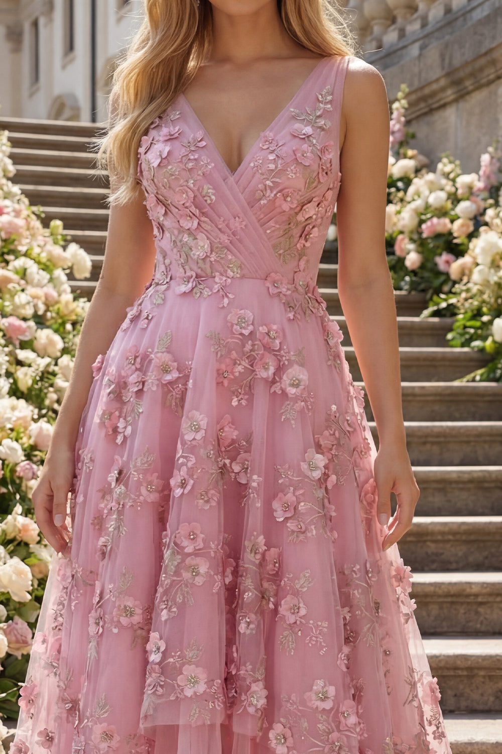 V-Neck Ruched Sparkly Taro A Line High Low Floral Beaded Prom Dress