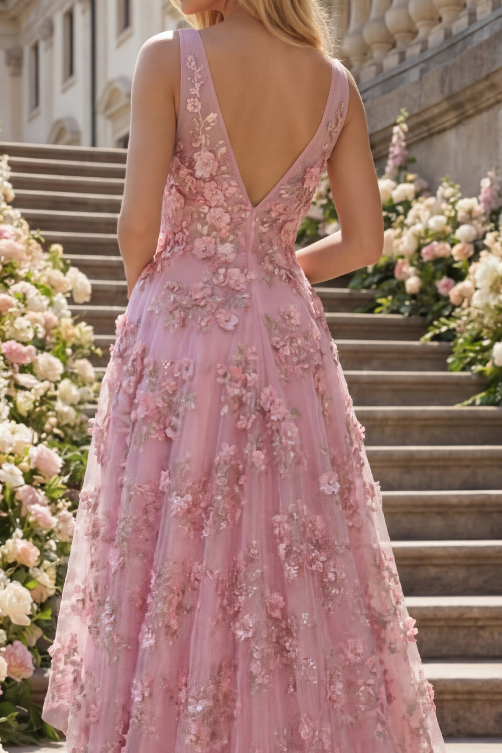 V-Neck Ruched Sparkly Taro A Line High Low Floral Beaded Prom Dress