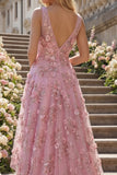 V-Neck Ruched Sparkly Taro A Line High Low Floral Beaded Prom Dress