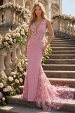 Long Floral Beaded V-Neck Ruched Sparkly Taro Mermaid Prom Dress