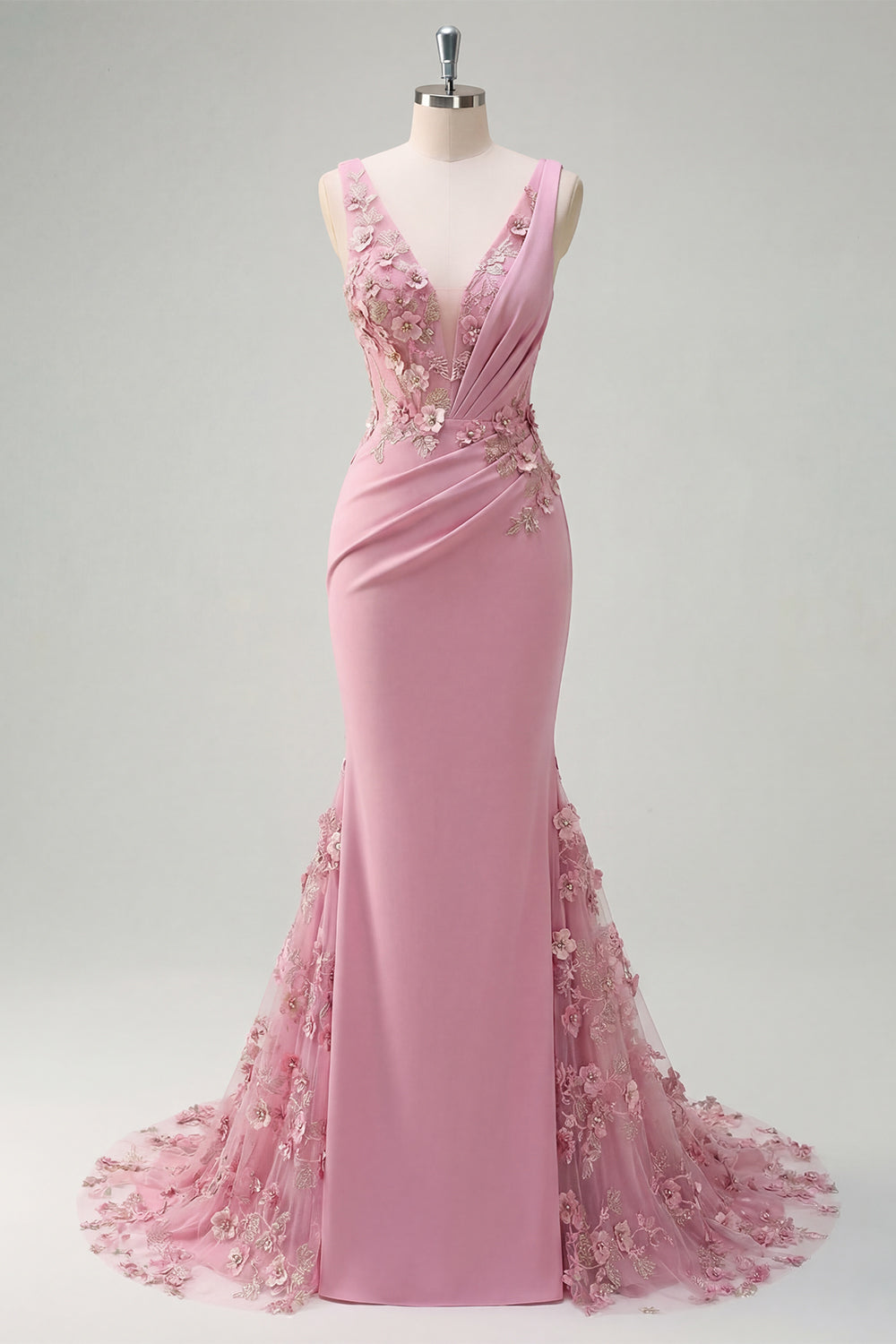 Long Floral Beaded V-Neck Ruched Sparkly Taro Mermaid Prom Dress