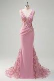 Long Floral Beaded V-Neck Ruched Sparkly Taro Mermaid Prom Dress