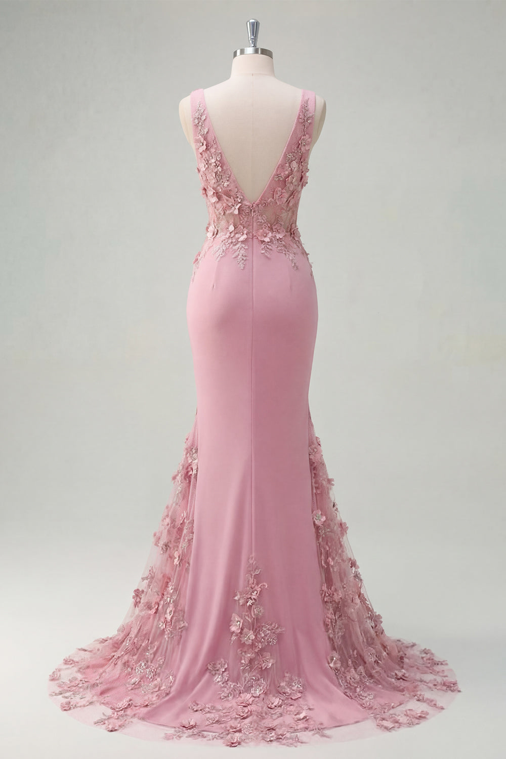 Long Floral Beaded V-Neck Ruched Sparkly Taro Mermaid Prom Dress