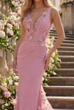Long Floral Beaded V-Neck Ruched Sparkly Taro Mermaid Prom Dress