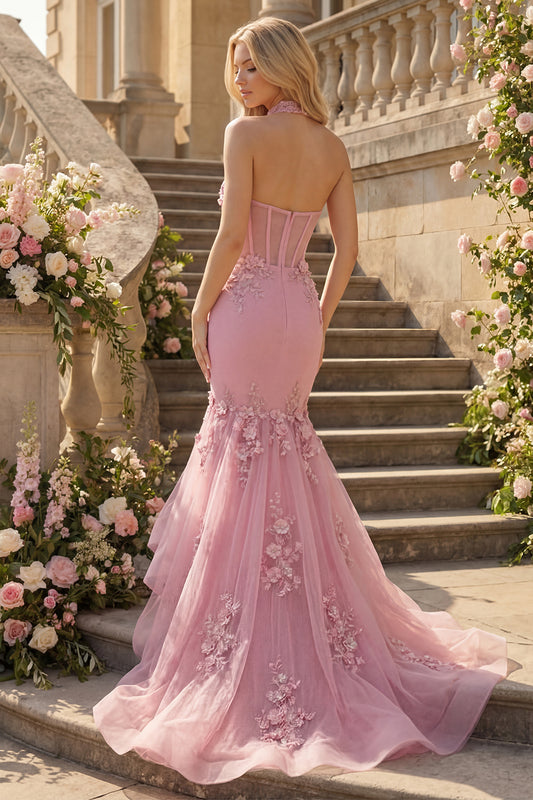 Mermaid Corset Keyhole Sparkly Taro Floral Beaded Prom Dress with Ruffles