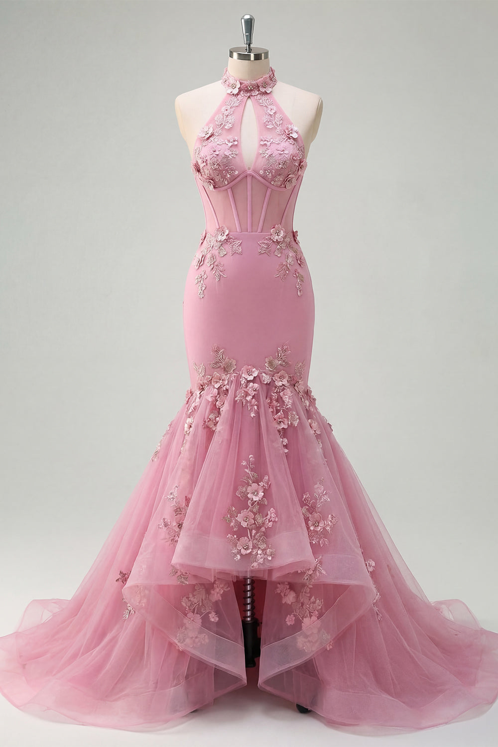 Mermaid Corset Keyhole Sparkly Taro Floral Beaded Prom Dress with Ruffles