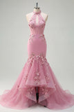 Mermaid Corset Keyhole Sparkly Taro Floral Beaded Prom Dress with Ruffles
