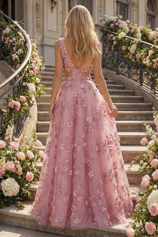V-Neck Sparkly Taro A Line Floral Beaded Prom Dress