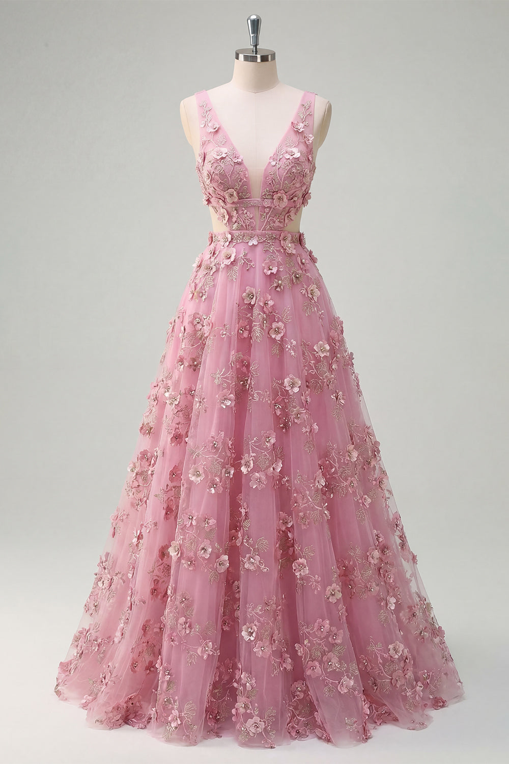 V-Neck Sparkly Taro A Line Floral Beaded Prom Dress