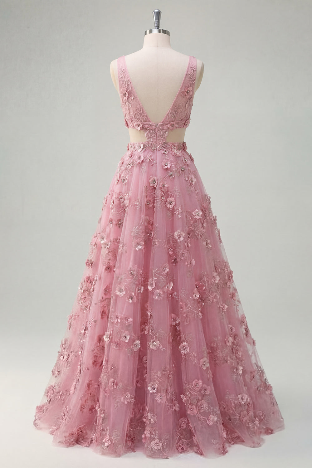 V-Neck Sparkly Taro A Line Floral Beaded Prom Dress