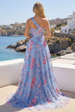 One Shoulder Ruched Blue Long A Line Floral Prom Dress with Slit