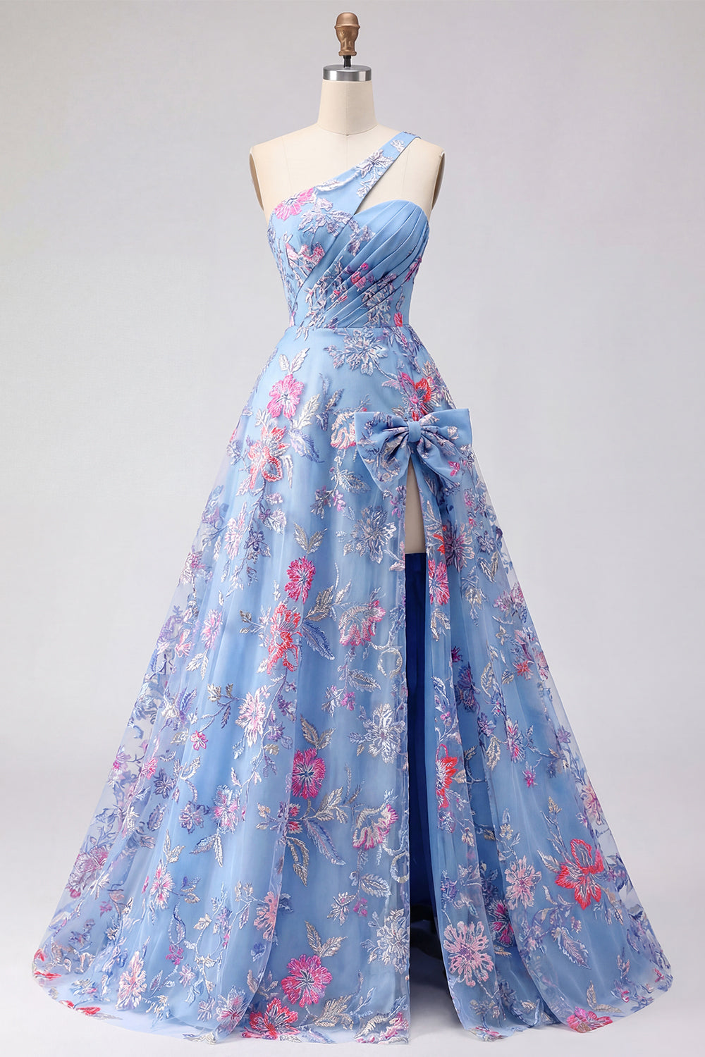 One Shoulder Ruched Blue Long A Line Floral Prom Dress with Slit