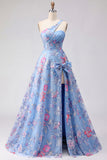 One Shoulder Ruched Blue Long A Line Floral Prom Dress with Slit