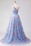 One Shoulder Ruched Blue Long A Line Floral Prom Dress with Slit