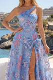 One Shoulder Ruched Blue Long A Line Floral Prom Dress with Slit