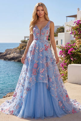 Corset V-Neck Blue Long A Line Floral Prom Dress