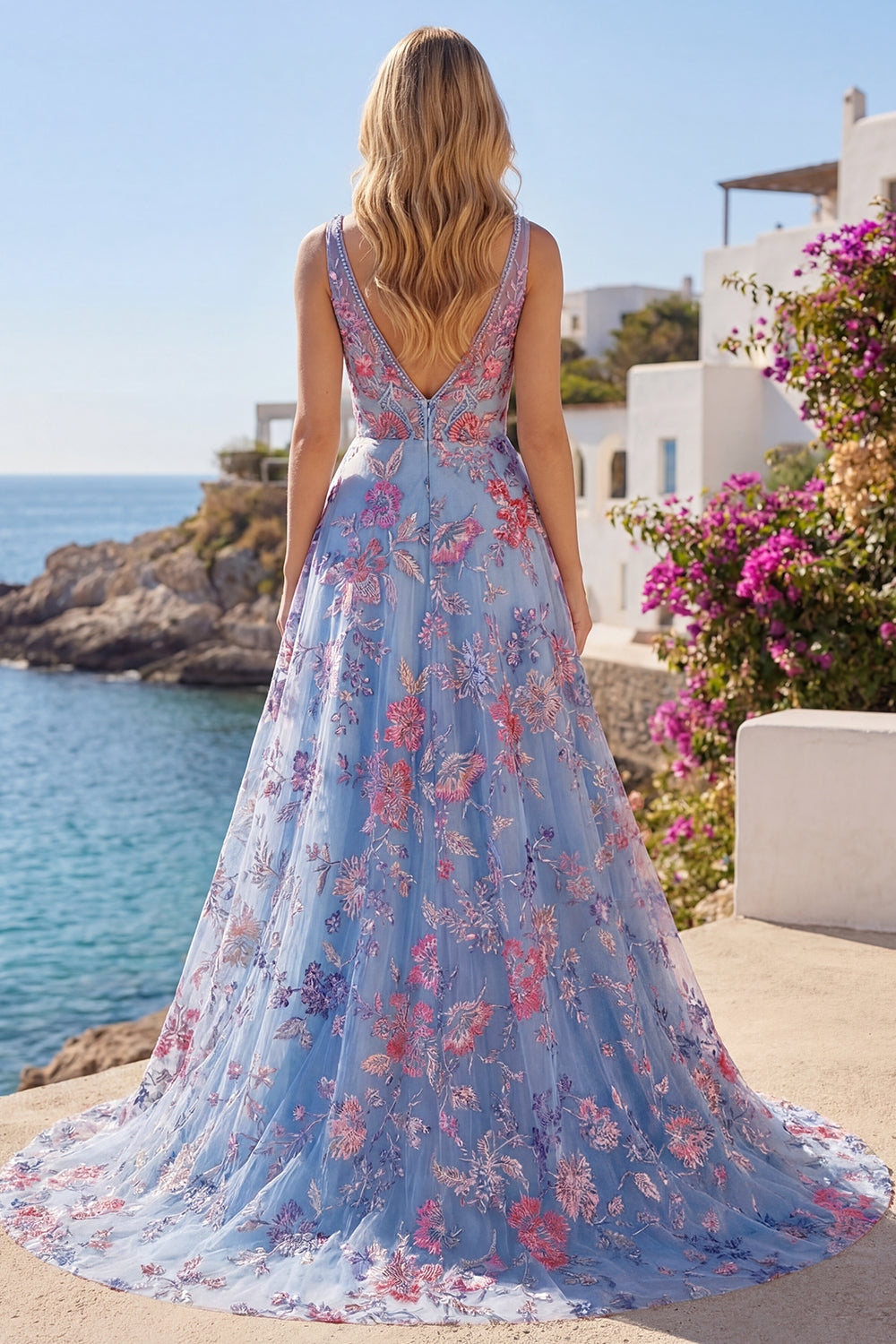 Corset V-Neck Blue Long A Line Floral Prom Dress