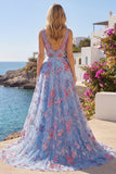 Corset V-Neck Blue Long A Line Floral Prom Dress