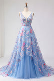 Corset V-Neck Blue Long A Line Floral Prom Dress