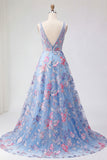 Corset V-Neck Blue Long A Line Floral Prom Dress