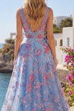Corset V-Neck Blue Long A Line Floral Prom Dress