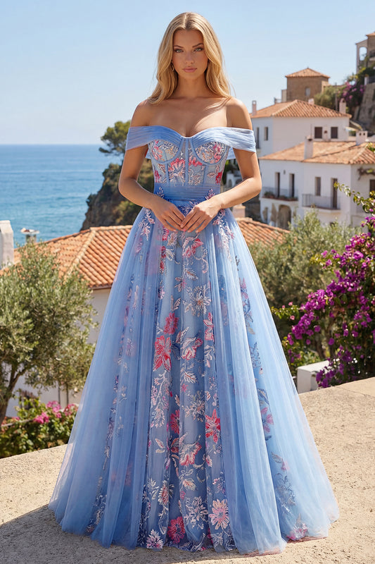 A Line Floral Corset Blue Long Off the Shoulder Prom Dress