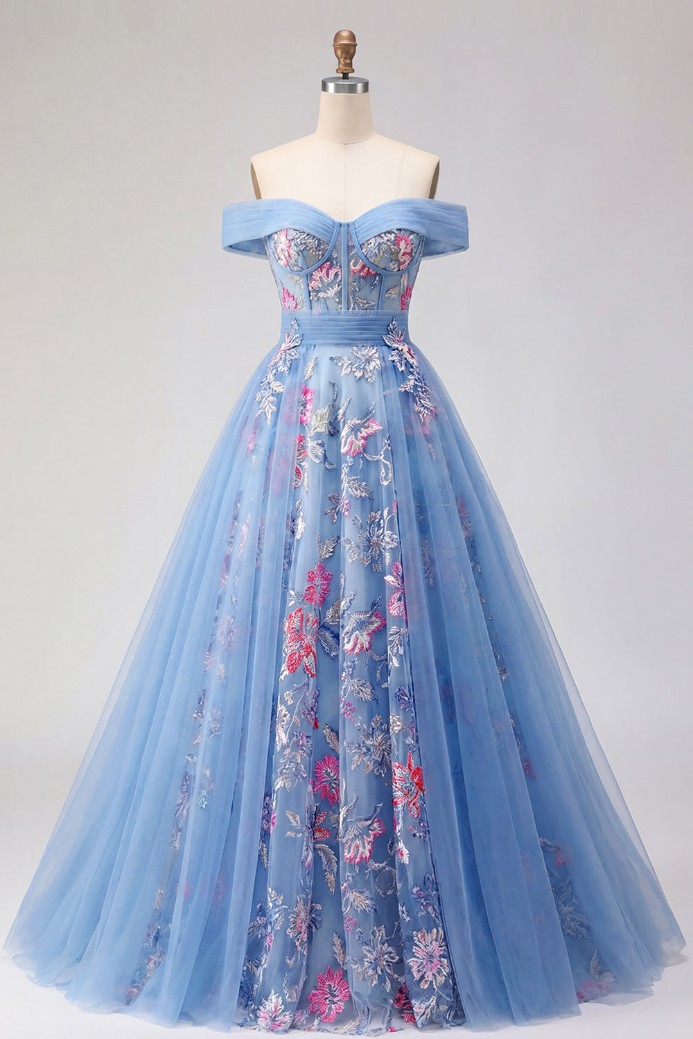 A Line Floral Corset Blue Long Off the Shoulder Prom Dress