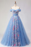 A Line Floral Corset Blue Long Off the Shoulder Prom Dress