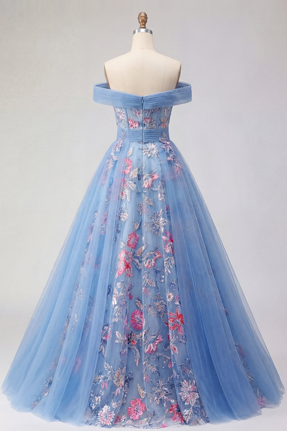 A Line Floral Corset Blue Long Off the Shoulder Prom Dress